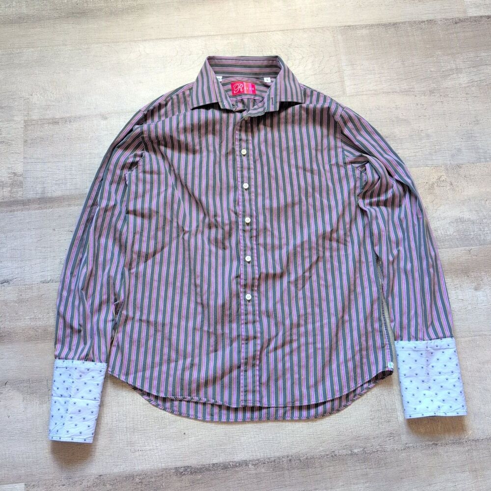 Vtg Rufus Dress Shirt Men's L Purple Striped ButtonUp Made In USA EUC